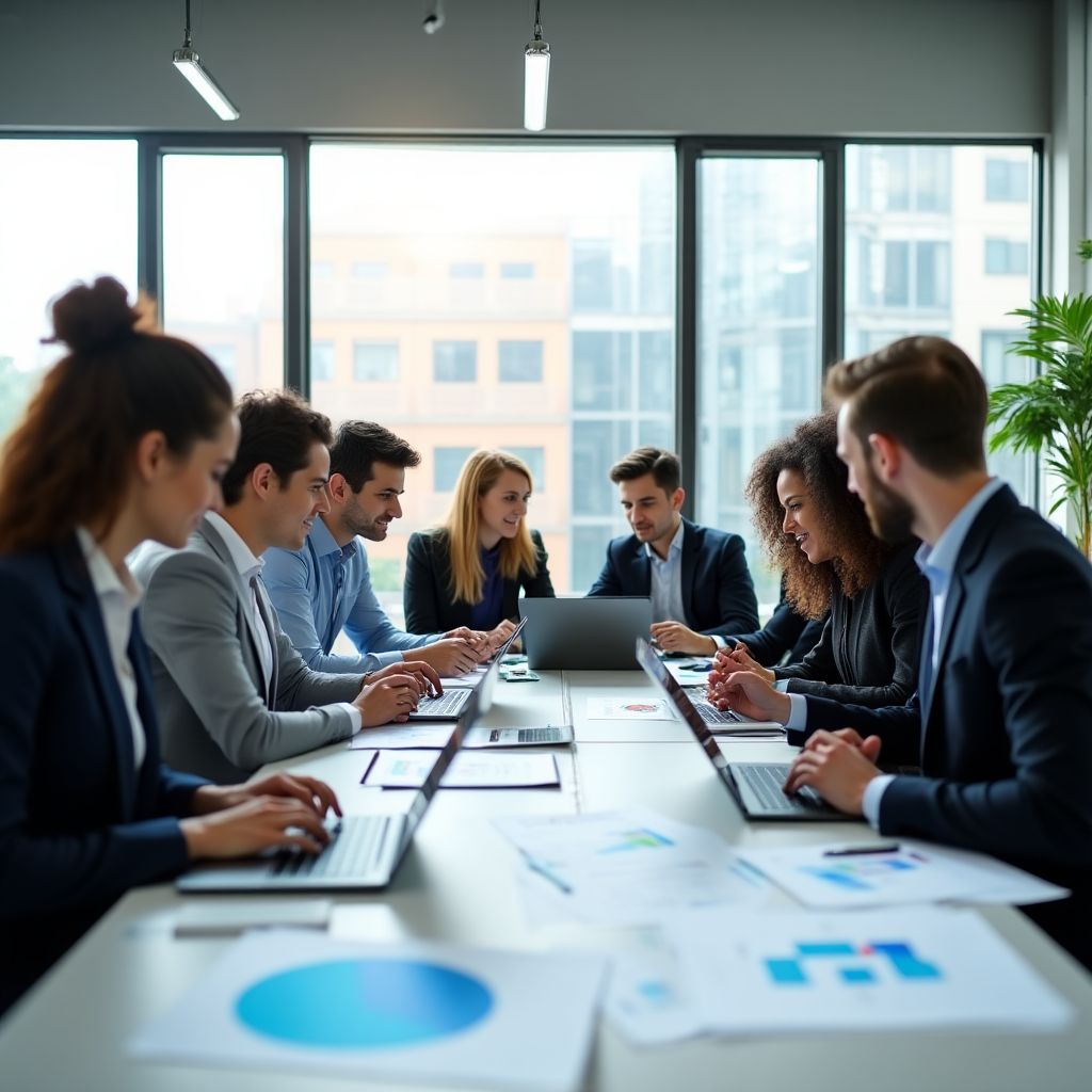 Equipo colaborando en una oficina moderna